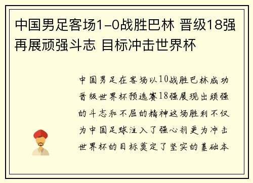 中国男足客场1-0战胜巴林 晋级18强再展顽强斗志 目标冲击世界杯