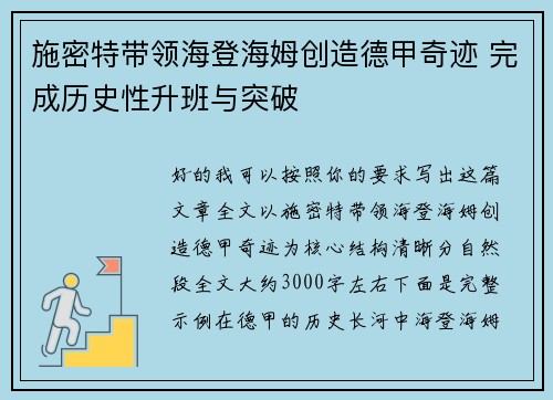 施密特带领海登海姆创造德甲奇迹 完成历史性升班与突破