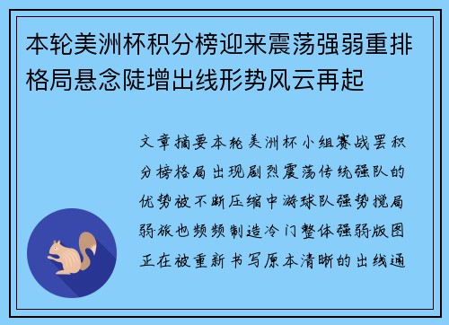 本轮美洲杯积分榜迎来震荡强弱重排格局悬念陡增出线形势风云再起