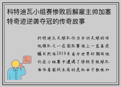 科特迪瓦小组赛惨败后解雇主帅加塞特奇迹逆袭夺冠的传奇故事